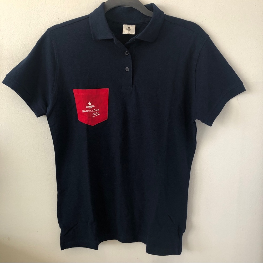 Estrella Damm Barcelona 1876 Navy Knit Polo w/ Red Pocket 100% CottonSz M-‎ NWOT